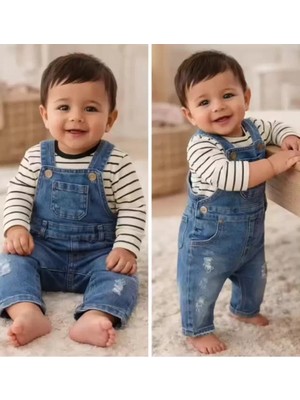 Fırsatkolik 6-18 Ay Çizgili Badili Kot Salopet Bebek Takımı