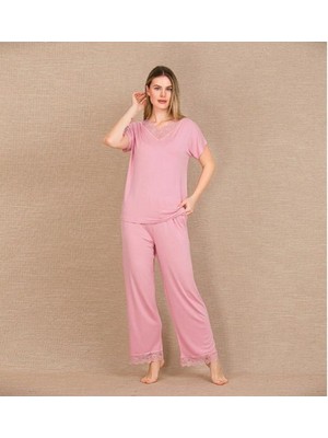 3D Sepetim Viskon Şık Tasarım Dantel Işlemeli Pembe Kısa Kol Pijama Takımı