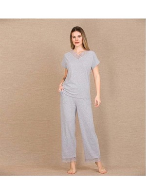 3D Sepetim Viskon Şık Tasarım Dantel Işlemeli Gri Kısa Kol Pijama Takımı