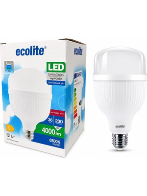 1001 Ecolite Jumbo LED Ampul 36W (200W Eşdeğer) - E27 Duy, 6500K Beyaz Işık, 4000 Lümen, Enerji Tasa