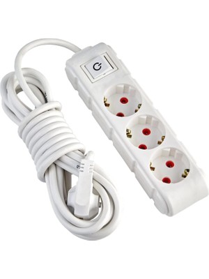 1001 3lü Anahtarlı Grup Priz 5 Metre 16A 250V, Üçlü Topraklı Uzatma Kablosu 5 Metre (Beyaz)