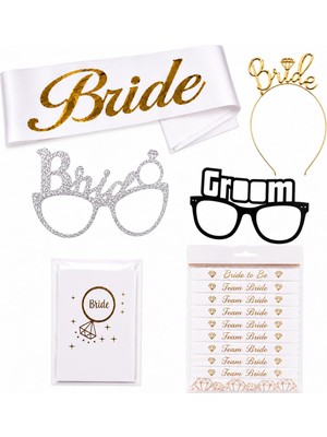1001 28 Parça Altın Beyaz Bekarlığa Veda Parti Aksesuar Seti (Bride To Be Seti)