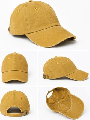 1001 Hardal Sarısı Eskitme Pamuklu Beyzbol Şapkası, Düz, Ayarlanabilir Tokalı, Unisex,trucker
