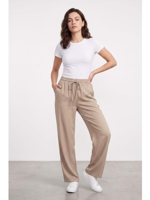 1001 Kadın Pantolon Beli Lastikli Cepli Rahat Kalıp Kadın Spor Pantolon (Düz, Standart)