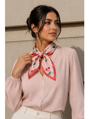 1001 Retro Kiraz Desen Pembe-Kırmızı Soft Bandana Fular 50X50 cm