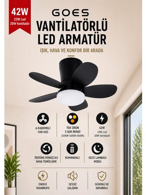 1001 42W Tavan Vantilatörü LED Avize 64CM 5 Kanat 6 Kademeli Fan Ters Dönüş ve Gece Lambası Modu Il