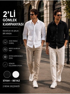 1001 2'li Erkek Pamuklu Keten Görünümlü Gömlek Beyaz - SIYAH%100 Pamuk Rahat Kalıp Yazlık Gömlek