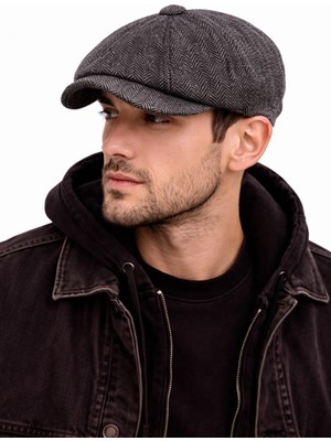 1001 Unisex Siyah Balıksırtı Kasket Şapka Vintage Ingiliz Stil 8 Dilimli Newsboy Cap