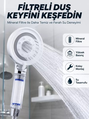 Şeffaf Filtre Hazneli Duş Başlığı Güçlü Akışlı Pratik Banyo Duşu Midastech