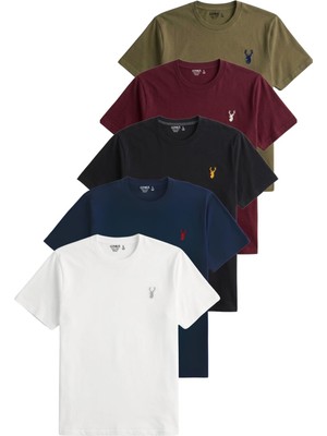 1001 Erkek 5'li TIŞÖRT%100 Pamuk Süprem Rahat Kalıp Basic Tişört Bisiklet Yaka Nakışlı T-Shirt E