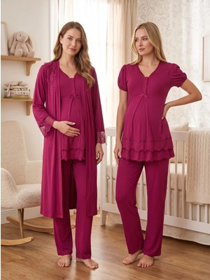 Lohussa Fuşya Kısa Kollu Lohusa Hamile Sabahlıklı Pijama Takımı