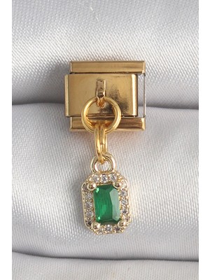 Techora Sale 316L Çelik Gold Renk Sallantı Kare Yeşil Zirkon Taşlı Nomination Charm