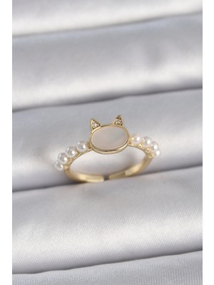 Techora Sale Pirinç Gold Renk Ayarlanabilir Beyaz Mineli Kedi Model Inci Detay Kadın Yüzük