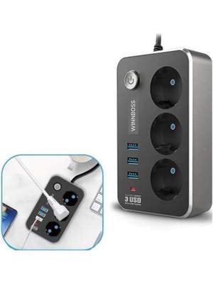 Techora Sale Isıya Dayanıklı Termal Akım Korumalı 2 mt 10A 2500W 3lü Priz ve 3 Usbi 21A Uzatma Kablosu