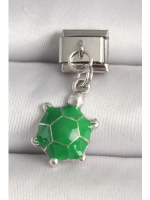 Techora Sale 316L Çelik Gümüş Renk Yeşil Kaplumbağa Model Nomination Charm