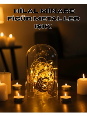 Techora Sale Ramazan Minare Detaylı Hilal LED Işık Günışığı Sarı Metal Süs