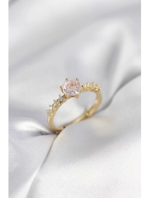 Techora Sale Gold Renk Pembe Tek Taş Model Zirkon Taşlı Kadın Yüzük