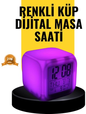 Techora Sale 7 Renk LED Işıklı Alarmlı Dijital Küp Masa Saati Termometreli