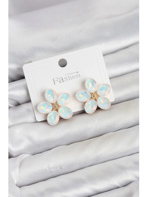 Fırsatkolik Mey Ithalat® Beyaz Renk Kristal Taşlı Çiçek Model Kadın Küpe