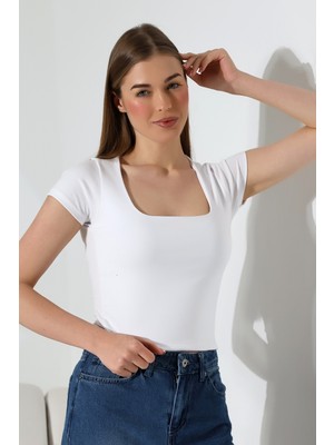 Modaplaza Kadın Kare Yaka Kısa Kol Likralı Crop Body 21804