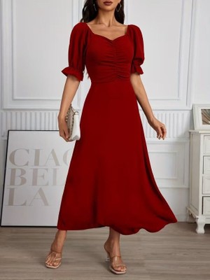 Gökyüzü Moda Kadın Kısa Kollu V Yakalı Önden Büzgüü Uzun Ithal Krep Elbise