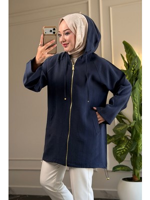 Suede Style 6406 - Rahat Fermuarlı Cepli Kapüşon Detaylı Uzun Kap