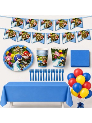 Sonic Temalı 94 Parça 16 Kişilik Doğum Günü Seti Tabak Bardak Balon Flama