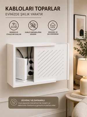 Mağaraahşap Wifi Modem Kutusu Beyaz Kablo Düzenleyici Duvar Tipi Priz ve Modem Gizleme Kutusu