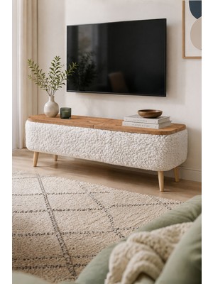Bofigo Sandıklı Tv Ünitesi Teddy Kumaş Kaplamalı Ahşap Ayaklı Modern Tv Ünitesi Sarven Beyaz