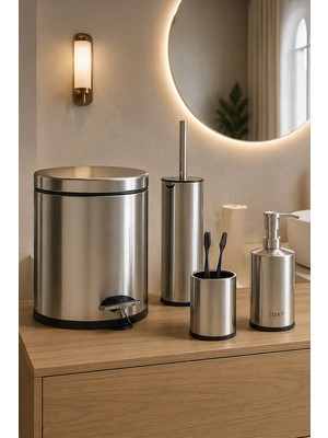 Porsima Metal Krom Kaplama 4 Parça Banyo Seti - Çöp Kovası, Sıvı Sabunluk, Diş Fırçalığı ve Wc Fırçası