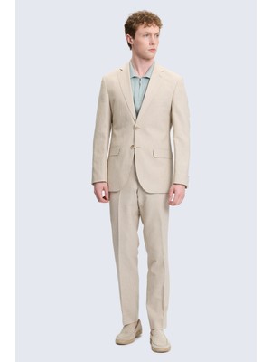 Hatemoğlu Bej Slim Fit Mono Yaka Keten Casual Takım Elbise