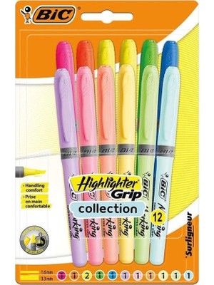 Bic Highlighter Grip 6 Pastel + 6 Canlı Renk 12'Li Fosforlu Kalem 9920932