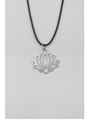 Alooya Lotus Çiçeği Siyah Deri İp Kolye - Antik Gümüş Kaplama - Kadın Erkek - 60 cm
