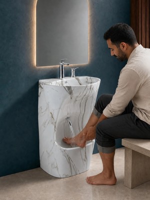 FUALORA Abdest Alma Bölümlü Beyaz Monoblok Lavabo – Ayak Yıkama Hazneli Mermer Desenli