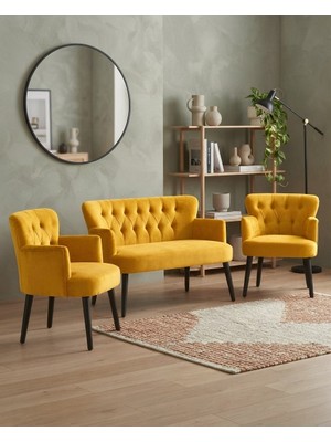 Azra Mobilya Roma 2+1+1 Babyface Kumaş Chester Çay Seti Ev & Ofis Koltuk Takımı - Ahşap Siyah Ayak - Sarı