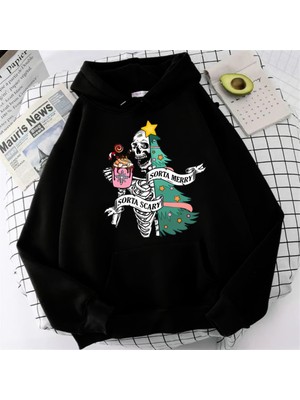 Touz Moda Skeleton Noel Baskılı Siyah Unisex Oversize Kapüşonlu Sweatshirt