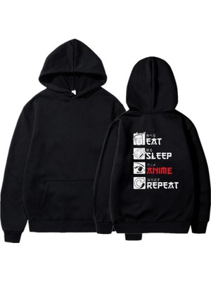 Touz Moda Lagom Moda Eat Sleep Anime Repeat Sırt Baskılı Siyah Unisex Oversize Kapüşonlu Sweatshirt