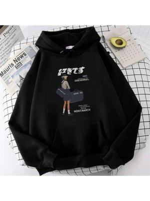 Touz Moda Küt Küt March Iddeverray Baskılı Siyah Unisex Oversize Kapüşonlu Sweatshirt