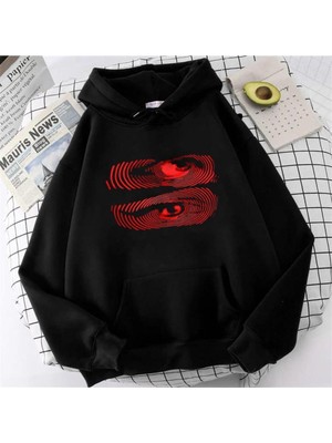 Touz Moda Lagom Moda Hypnosis Eyes Baskılı Siyah Unisex Oversize Kapüşonlu Sweatshirt