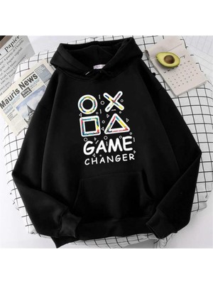 Touz Moda Game Changer Baskılı Siyah Unisex Oversize Kapüşonlu Sweatshirt