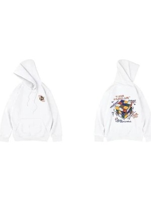 Touz Moda Rubik Küp Baskılı Oversize Unisex Ecru Kapşonlu Sweatshirt
