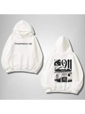 Touz Moda Porsche Ön Arka Baskılı Beyaz Kapşonlu Sweatshirt