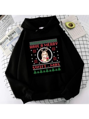 Touz Moda Have A Merry Baskılı Siyah Unisex Oversize Kapüşonlu Sweatshirt