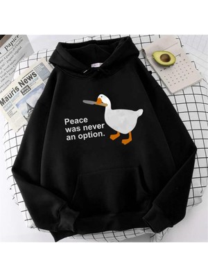 Touz Moda Lagom Moda Duck Peace Baskılı Siyah Unisex Oversize Kapüşonlu Sweatshirt