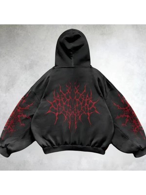 Touz Moda Day Light  Yıkamalı Red Gothic Vintage Kapüşonlu Sweatshirt