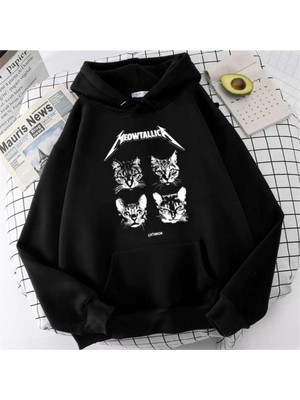 Touz Moda Lagom Moda Meowtallica Baskılı Siyah Unisex Oversize Kapüşonlu Sweatshirt