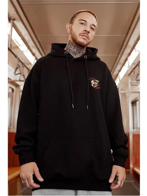 Touz Moda Street Wear Rubik Küp Baskılı Oversize Unisex Siyah Kapşonlu Hoodie Sweatshirt
