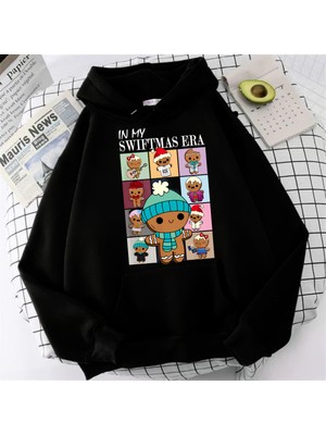 Touz Moda Christmas Candy Two Baskılı Siyah Unisex Oversize Kapüşonlu Sweatshirt