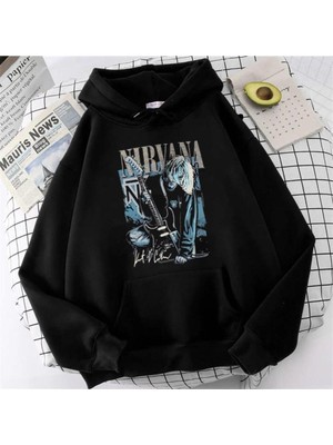 Touz Moda Küt Küt Nirvana Poster Baskılı Siyah Unisex Oversize Kapüşonlu Sweatshirt