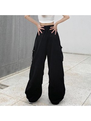 Touz Moda Siyah Tactical Paraşüt Kumaş Kargo Cepli Oversize Unisex Pantolon